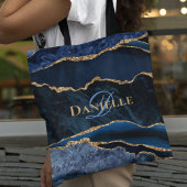 Trendy Navy Blue Gold Agate Geode Monogram Tote Bag