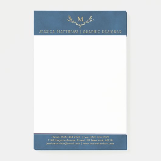 Trendy Navy Blue & Gold Foil Monogram Wreate Post-it® Notes (Voorkant)