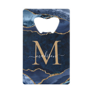 Trendy Navy Blue Gold Glitter Agaat Geode Monogram Creditkaart Flessenopener