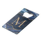 Trendy Navy Blue Gold Glitter Agaat Geode Monogram Creditkaart Flessenopener (Achterkant Gekanteld)