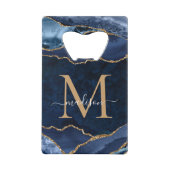 Trendy Navy Blue Gold Glitter Agaat Geode Monogram Creditkaart Flessenopener (Achterkant)