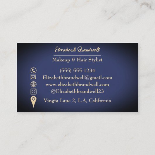  Trendy Navy Blue Gold Make-up Haarstylist Visitekaartje (Achterkant)