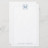 Trendy Navy Blue Initiaal Monogram Square border Briefpapier (Voorkant / Achterkant)