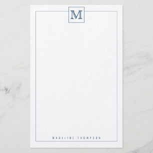 Trendy Navy Blue Initiaal Monogram Square border Briefpapier