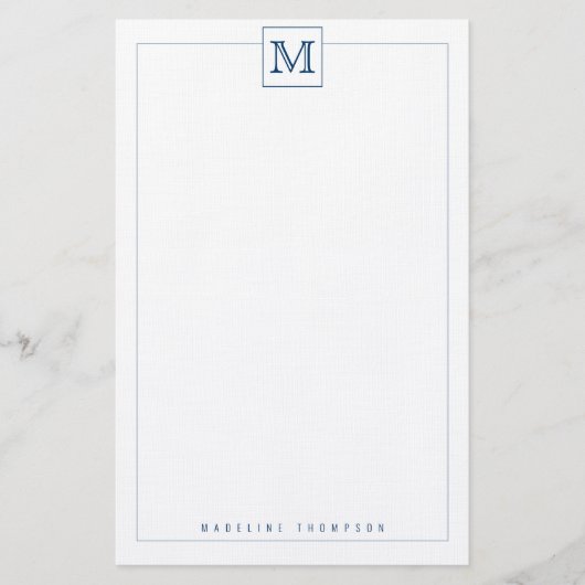 Trendy Navy Blue Initiaal Monogram Square border Briefpapier (Voorkant)