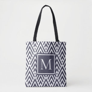 Trendy Navy Blue Monogram Arrow Diamond Pattern Tote Bag
