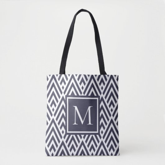 Trendy Navy Blue Monogram Arrow Diamond Pattern Tote Bag (Voorkant)