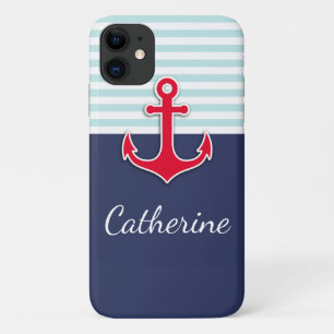 Trendy Navy Blue Nautical Red Anchor Design Case-Mate iPhone Case