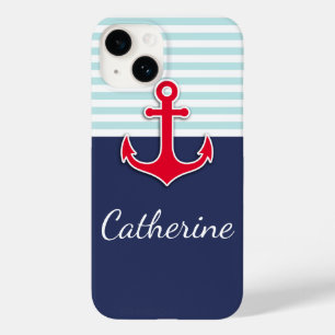 Trendy Navy Blue Nautical Red Anchor Design Hoesje