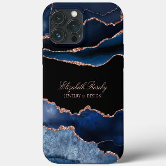 Trendy Navy Blue Roos Gold Black Business iPhone 13 Pro Max Hoesje