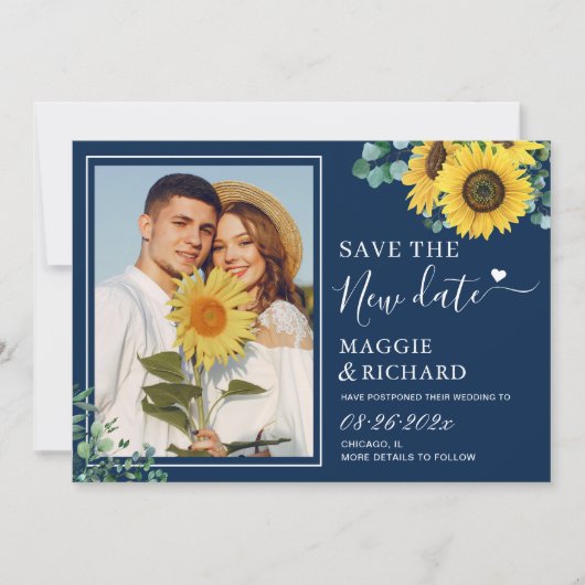Trendy Navy Blue Sunflower bespaart onze nieuwe da Save The Date (Voorkant)