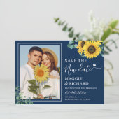 Trendy Navy Blue Sunflower bespaart onze nieuwe da Save The Date (Staand voorkant)