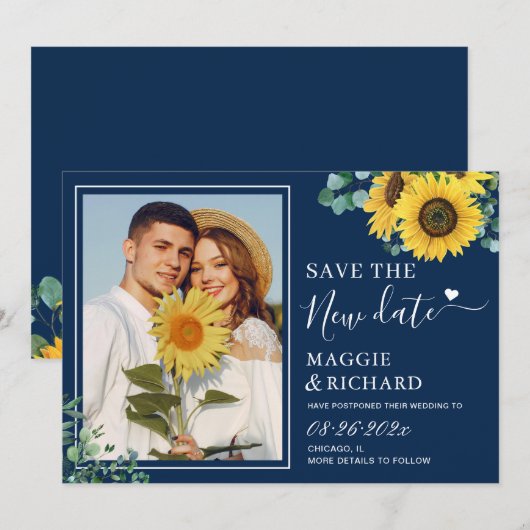 Trendy Navy Blue Sunflower bespaart onze nieuwe da Save The Date (Voorkant / Achterkant)