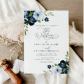 Trendy Navy en lichtblauwe bloemenscript bruiloft Kaart