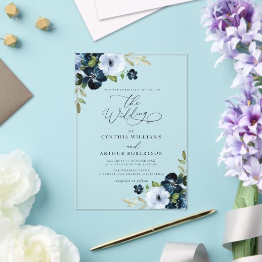 Trendy Navy en lichtblauwe bruiloft Acryl Uitnodigingen (Insitu (Huwelijk))