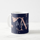 Trendy Navy en Roos Gouden Folie Marmer Monogram Koffiemok (Voorkant links)
