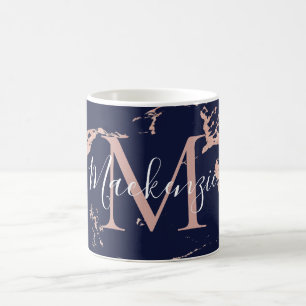 Trendy Navy en Roos Gouden Folie Marmer Monogram Koffiemok