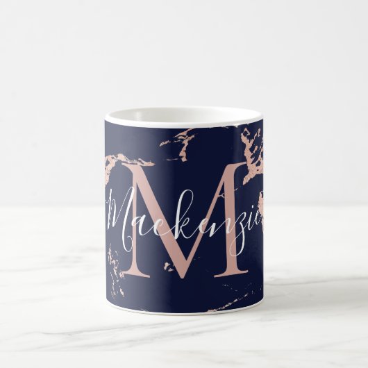 Trendy Navy en Roos Gouden Folie Marmer Monogram Koffiemok (Center)