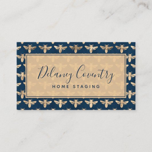 Trendy Navy & Gold bijen Professional Visitekaartje (Voorkant)