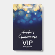Trendy Navy Gold Bokeh Quinceañera Invite VIP Pass
