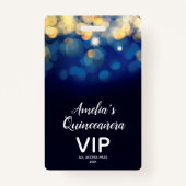 Trendy Navy Gold Bokeh Quinceañera Invite VIP Pass Badge (Voorkant)