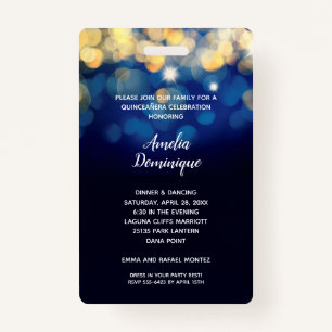 Trendy Navy Gold Bokeh Quinceañera Invite VIP Pass Badge