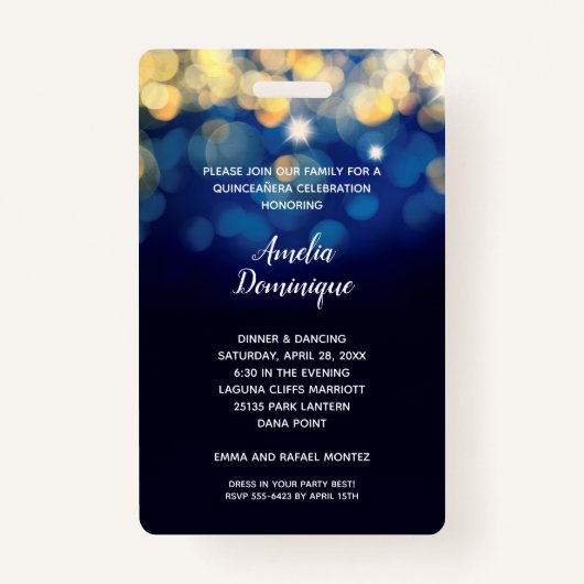 Trendy Navy Gold Bokeh Quinceañera Invite VIP Pass Badge (Achterkant)