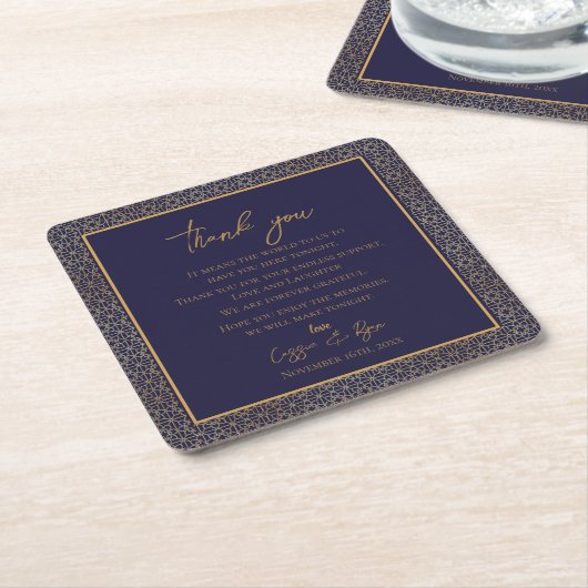 Trendy Navy Gold Design Wedding Bedankt Bericht Kartonnen Onderzetters (Schuin)