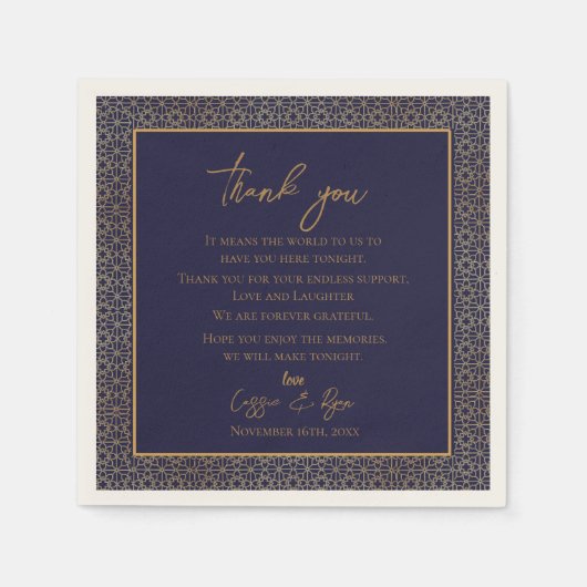 Trendy Navy Gold Design Wedding Bedankt Bericht Servet (Voorkant)