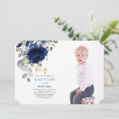 Trendy Navyblauwe Bloemachtige Jongensfoto Gouden  Kaart (Staand voorkant)