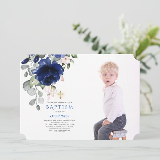 Trendy Navyblauwe Bloemachtige Jongensfoto Gouden  Kaart (Staand voorkant)