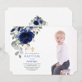 Trendy Navyblauwe Bloemachtige Jongensfoto Gouden  Kaart (Voorkant / Achterkant)