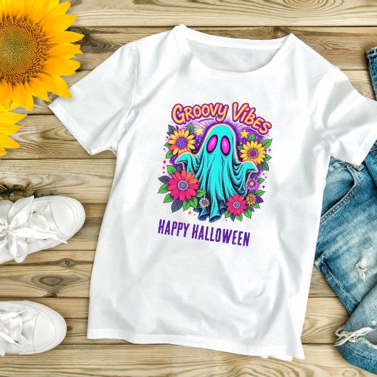 Trendy Neon Bloemen Retro Ghost Groovy Halloween T-shirt