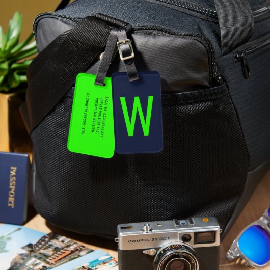 Trendy Neon Green Monogram Bagagelabel (Voorkant /achterkant)