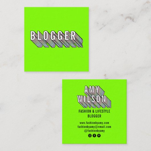 Trendy neon groene 3d typografie blogger minimal vierkante visitekaartje (Voorkant / Achterkant)