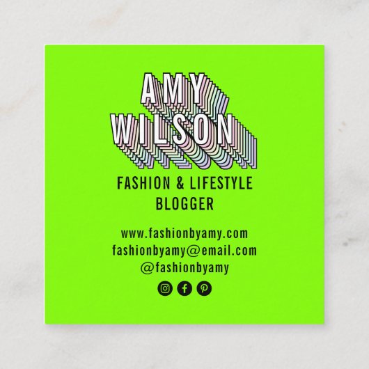 Trendy neon groene 3d typografie blogger minimal vierkante visitekaartje (Achterkant)