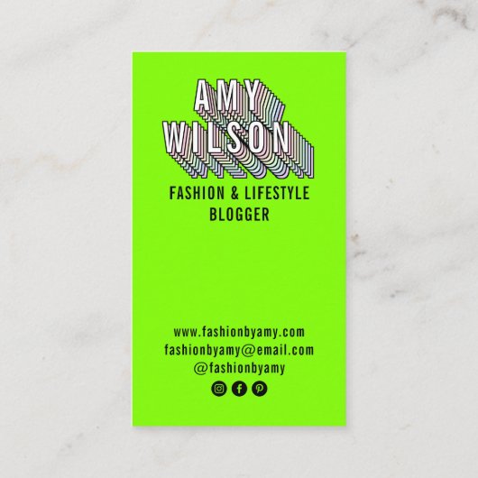 Trendy neon groene 3d typografie blogger minimal visitekaartje (Achterkant)