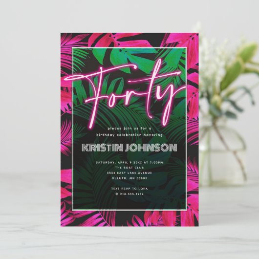 Trendy Neon Pink Tropical 40e verjaardag Kaart (Staand voorkant)