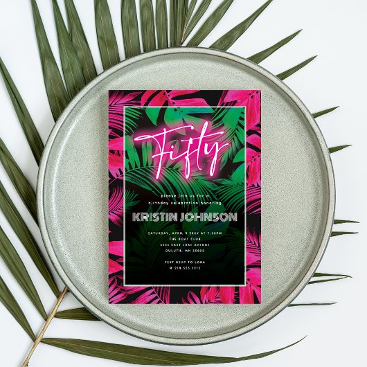 Trendy Neon Pink Tropical 50ste verjaardag Kaart