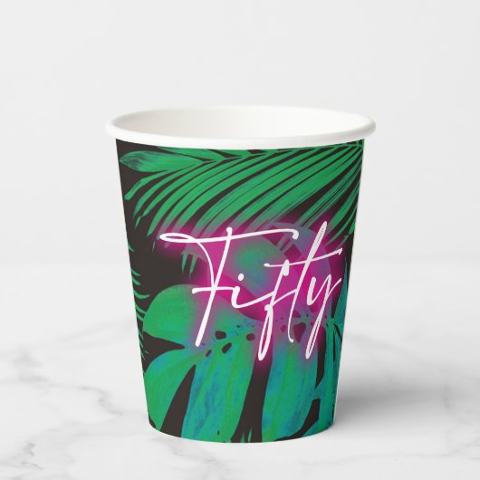 Trendy Neon Pink Tropical 50ste verjaardag Papieren Bekers (Achterkant)