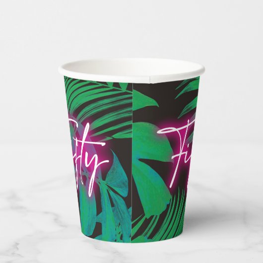 Trendy Neon Pink Tropical 50ste verjaardag Papieren Bekers (Rechts)