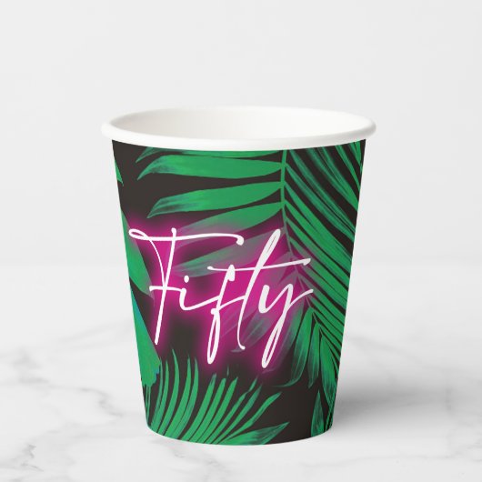 Trendy Neon Pink Tropical 50ste verjaardag Papieren Bekers (Voorkant)