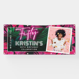 Trendy Neon Roze Tropische 50ste Verjaardag Welkom Spandoek