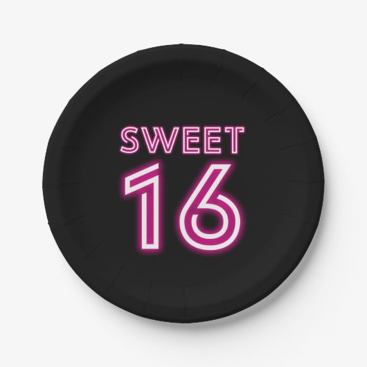 Trendy Neon Sweet Sixteen Hot Pink en Black Papieren Bordje (Voorkant)