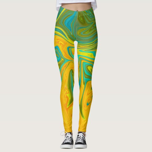 Trendy Neon Yellow Oranje Green Abstract Swirl Leggings (Voorkant)