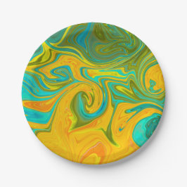 Trendy Neon Yellow Oranje Green Abstract Swirl Papieren Bordje