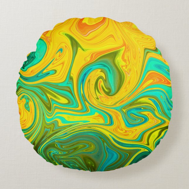 Trendy Neon Yellow Oranje Green Abstract Swirl Rond Kussen (Voorkant)