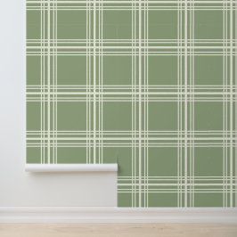Trendy neutraal saliegroen ivoorwit rasterlijnen behang