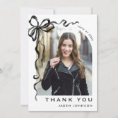 Trendy Neutral Black Bow Ribbon 5 FOTO Afstuderen Bedankkaart (Voorkant)