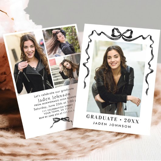 Trendy Neutral Bow Ribbon 4 FOTO Graduation Party Kaart